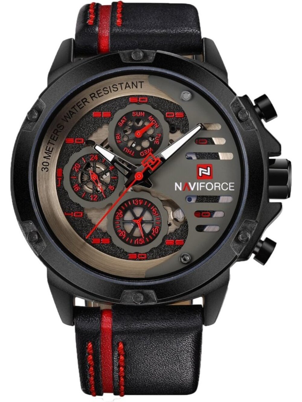Men's Black Red Analog Quartz Leather Band Waterproof Sport Military Wrist Watch